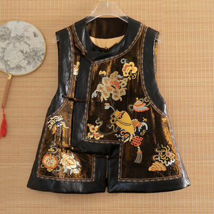 美伦新中式马甲女棉服2025秋冬黑金提花重工刺绣夹棉皮质拼接国风