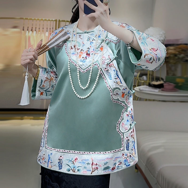 醋酸四合如意刺繡民國風醋酸上衣