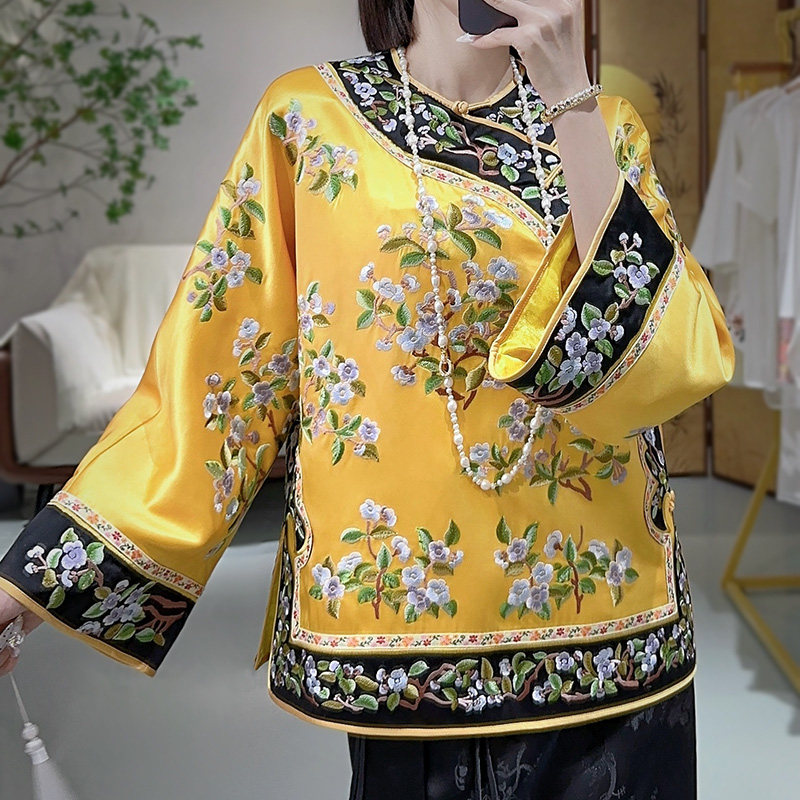 美伦唐装2025国风新中式改良旗袍款醋酸山茶花刺绣清宫格格服上衣