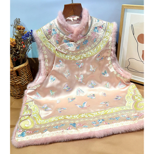 美伦蝶舞暖襟2025冬季醋酸夹棉马甲女高货中式重工刺绣蝴蝶水貂毛