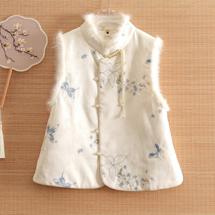 美伦蝶影琼华新中式夹棉马甲女2025新中式夹棉马甲女毛领保暖上衣