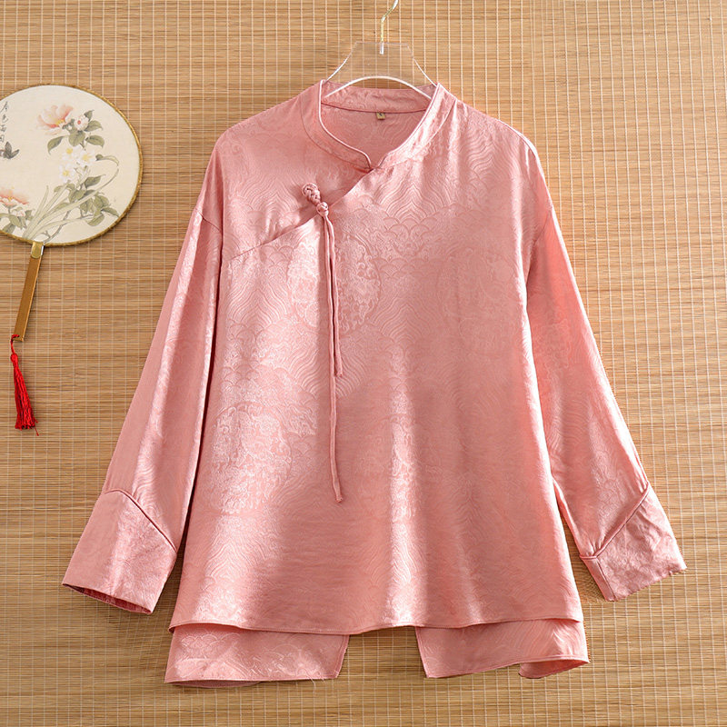美伦民族风古汉服旗袍款精美优雅衬衣2024人丝水涯纹提花宽松上衣