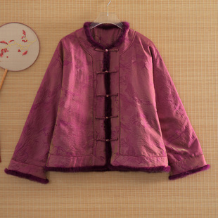 外套 大码 美伦新中式 夹棉服上衣女2025秋冬金线提花水貂毛边妈妈装