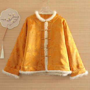 美伦新年中式夹棉外套棉服女2025冬水貂毛提花盘扣国风妈妈装上衣