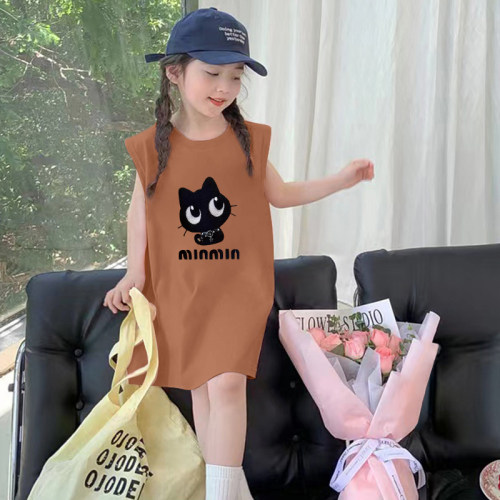 女童连衣裙夏季新款中大童无袖T恤裙纯棉小女孩直筒背心裙子洋气