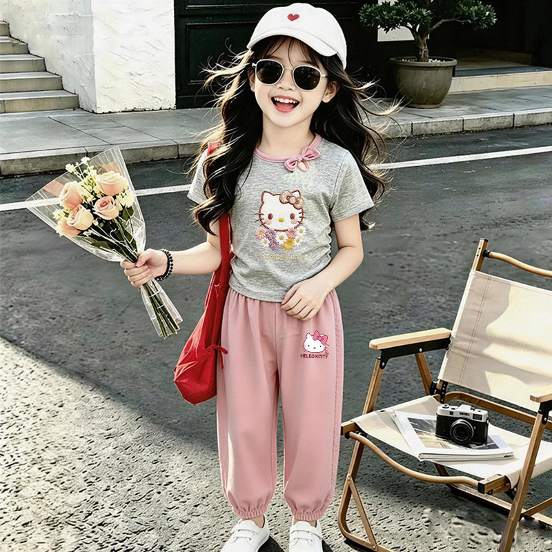 女童夏季套装2026新款洋气纯棉短袖上衣女孩冰丝防晒蚊裤子两件套
