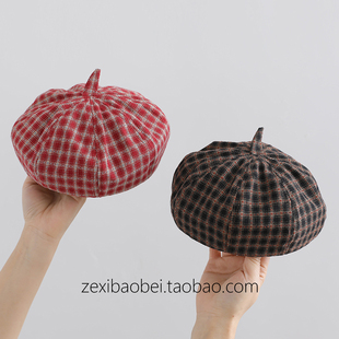 儿童帽子春秋薄款贝雷帽格子英伦男女童八角帽宝宝南瓜帽2026新款