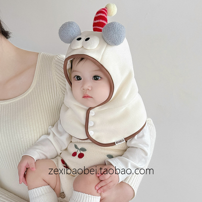 宝宝帽子秋冬款套头帽男女宝冬季护耳帽儿童防风帽围脖护脖一体潮