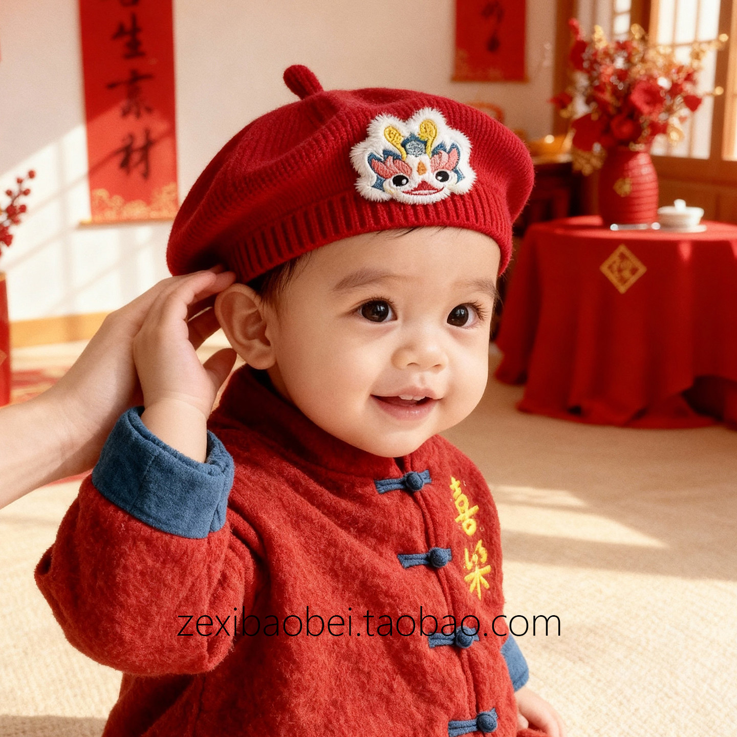 婴儿红色舞狮刺绣贝雷帽秋冬季新年喜庆宝宝针织毛线帽子可爱超萌,童装/婴儿装/亲子装,帽子,淘宝优惠券,粉丝福利购,淘宝优惠卷