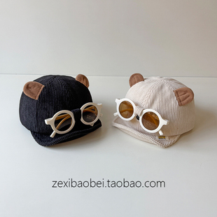 宝宝帽子秋冬款鸭舌帽可拆卸墨镜男女宝灯芯绒翻檐冬季婴儿棒球帽