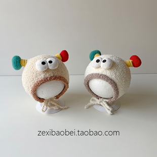 婴幼儿帽子秋冬款毛绒帽可爱超萌小月龄宝宝护耳帽男女宝套头防风