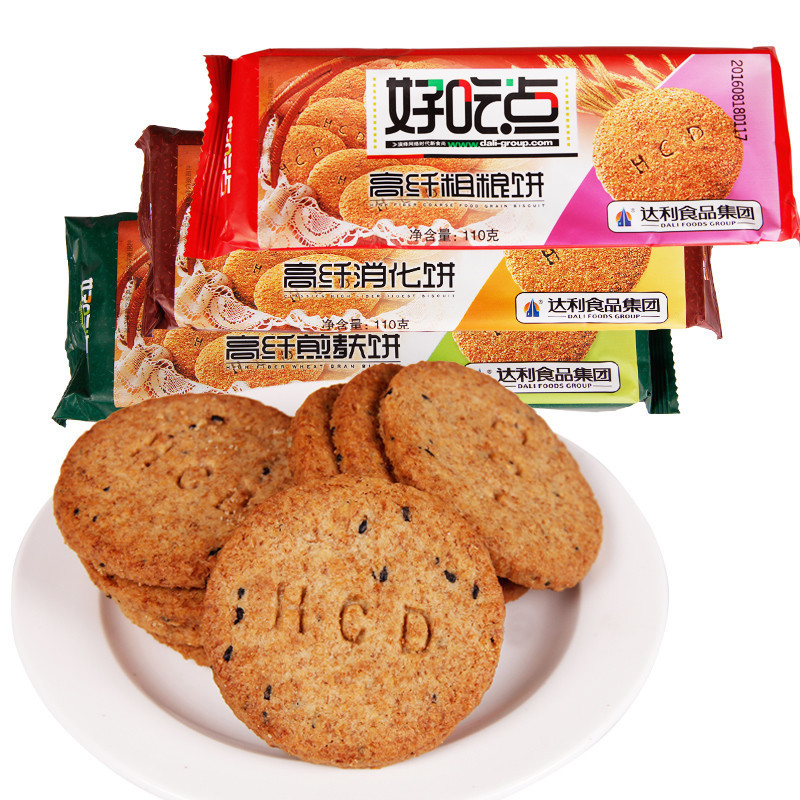 达利园?#36152;?#28857;高纤饼干110g 蔬菜煎麸杂粮消化饼干粗粮饼?#38378;?#39135;