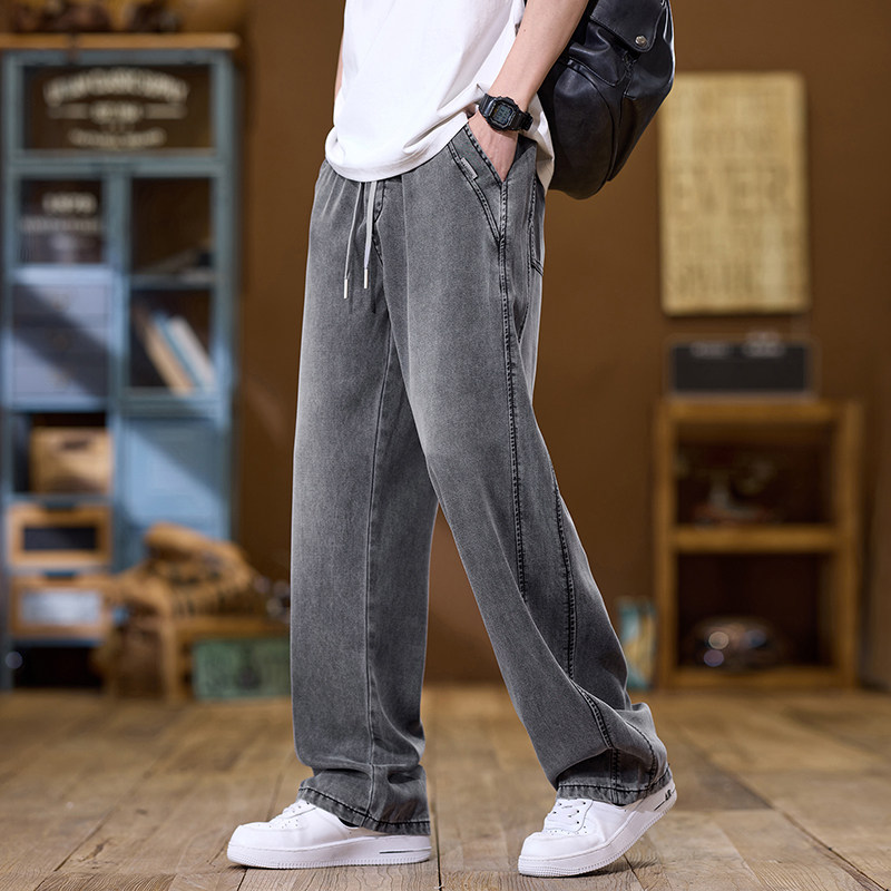 松紧腰宽松直筒牛仔裤男夏季薄款