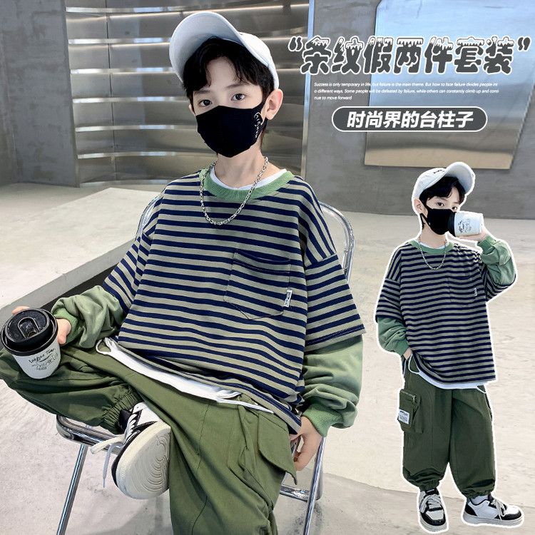 中大童男装一米二三四五六年级七八九十岁小孩春秋衣服休闲套装绿