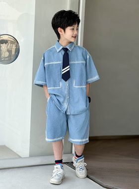 中儿童男装一米二三四五六年级七八九十岁小孩夏衣服短袖牛仔套装