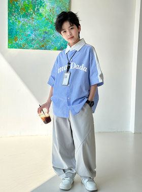大童男装一米二三四五六年级七八九十岁小孩夏衣服条纹短袖衬衫薄
