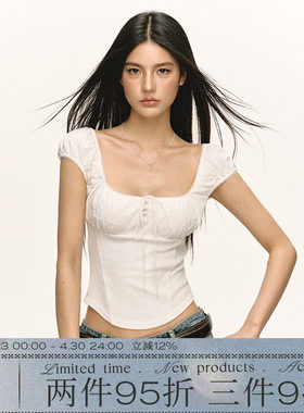 Ariseism 美式辣妹修身设计感方领短袖T恤女夏季短款泡泡袖上衣