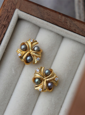 suu中古款仿古董耳饰镀真金镶锆石蝴蝶结海水真多麻珍珠925银耳钉