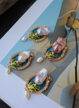 设计师花朵流苏画框大巴洛克淡水珍珠法式油画风气质项链吊坠女