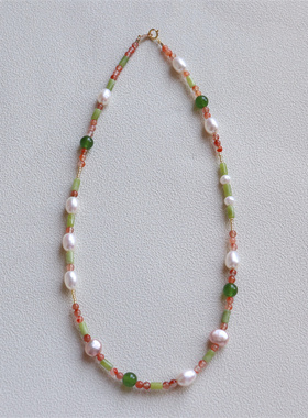 SUU 设计款 原创进口14K包金天然玉石珍珠混搭项链南红玉石颈链