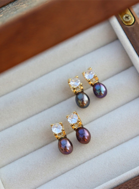 suu 新款复古气质真金电镀银针锆石淡水珍珠耳钉法式耳环耳饰