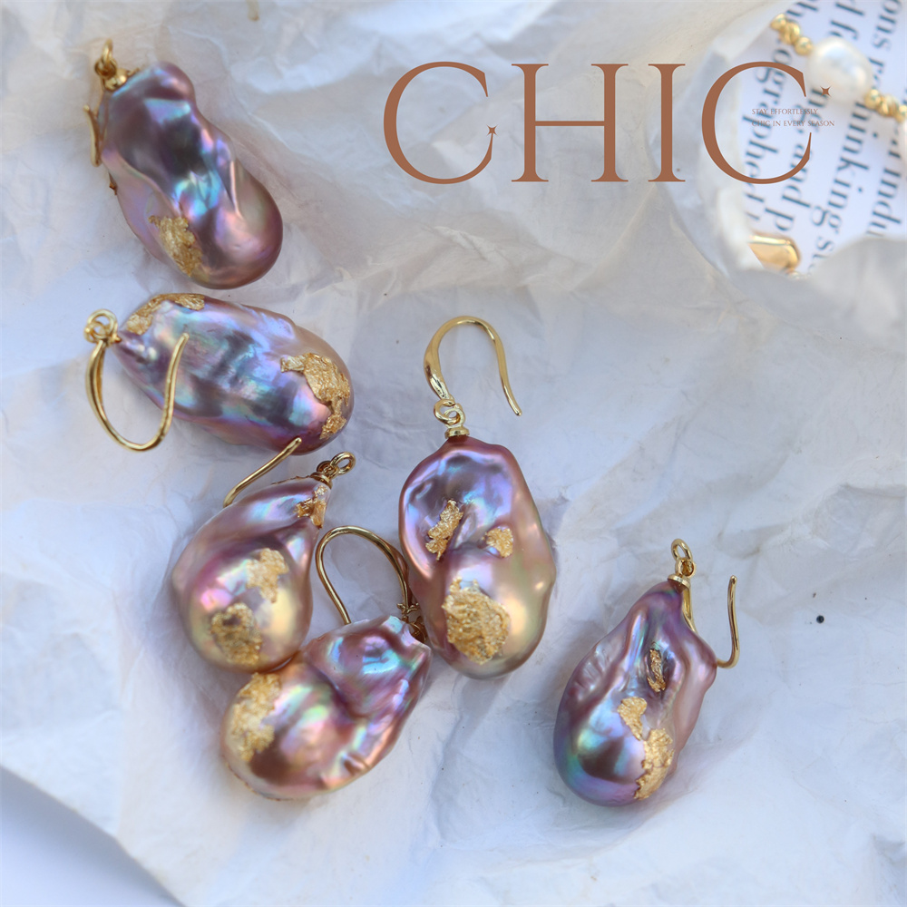 跨境欧美淡水大巴洛克珍珠耳钉铜镀18K金耳环异形珠耳坠高级感