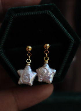 设计新款简约气质小清新亮幻彩淡水珍珠五角星星水滴巴洛克耳坠