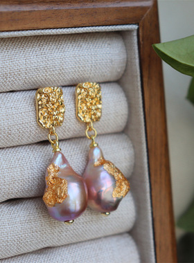 设计新款 法式复古中古风vintage天然极光紫色巴洛克淡水珍珠耳坠