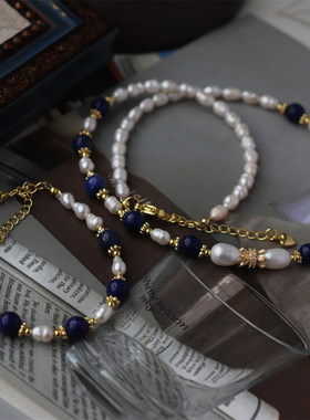 中古青金石串珠项链夏日新品时尚通勤流行经典复古个性珍珠锁骨链