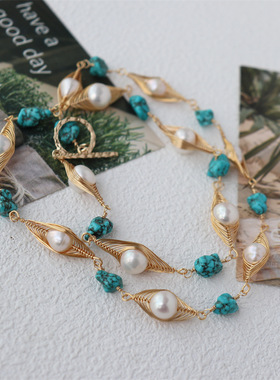 设计出口轻奢度假风手工绕线天然淡水珍珠绿松石中古风耳坠手