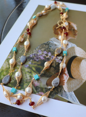 高档日韩天然淡水珍珠首饰14K注金绕线玛瑙淡水珍珠手工绕线项链