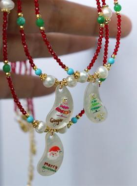 设计新款简约新年圣诞树圣诞老人系列本命红尖晶淡水珍珠多宝项链