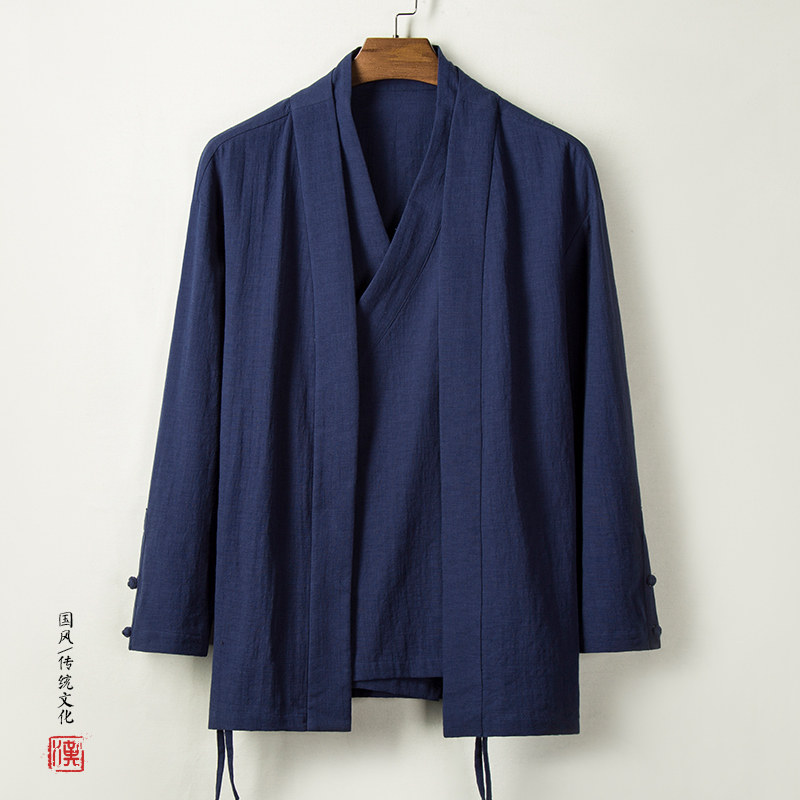 秋冬新款风男装亚麻男士假两件汉服外套C77P95,男装民族服装,钱塘802