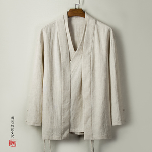 秋冬新款风男装亚麻男士假两件汉服外套C77P95图片
