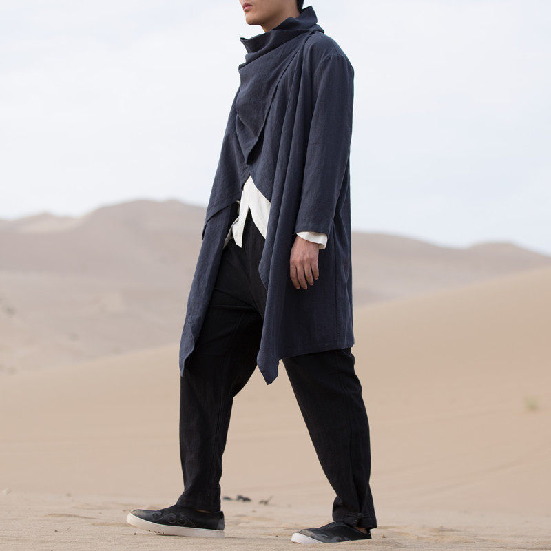 风男装亚麻男士禅意中长款男士风衣外套F23P98，男装风衣，钱塘802