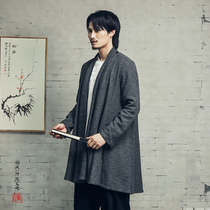 风棉麻提花中长款翻领男士风衣外套F55P120，男装风衣，钱塘802