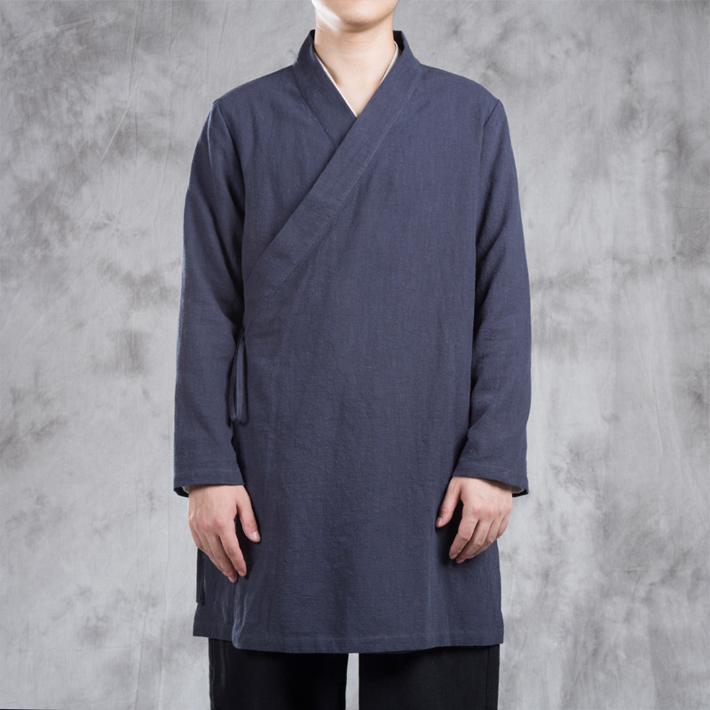 秋冬新款风男装亚麻男士中长款纯色汉服外套F80P85图片