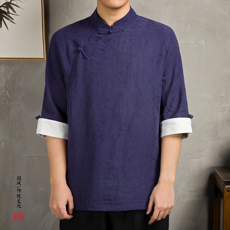 风男装亚麻男士七分袖男士唐装T恤T203P80图片