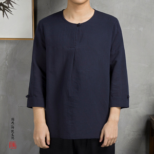 风男装亚麻男士七分袖中式T恤T213P60图片