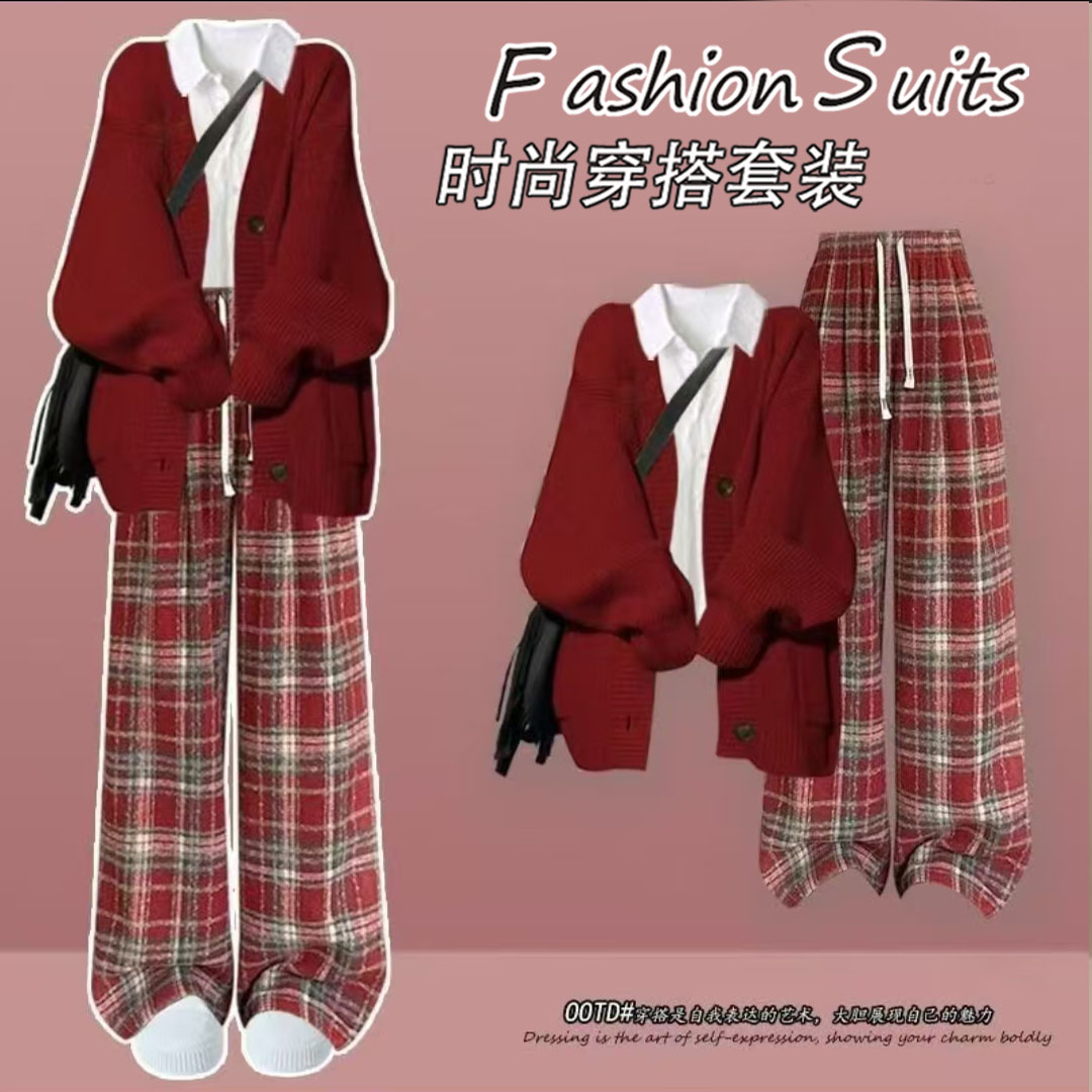 秋冬安可拉红学生穿搭红色V领开衫针织衫上衣毛衣女阔腿裤休闲