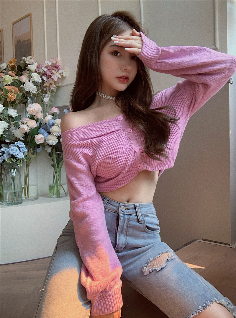 Real price romantic pink off the shoulder Lantern Sleeve pleated short Hot Girl Sweater