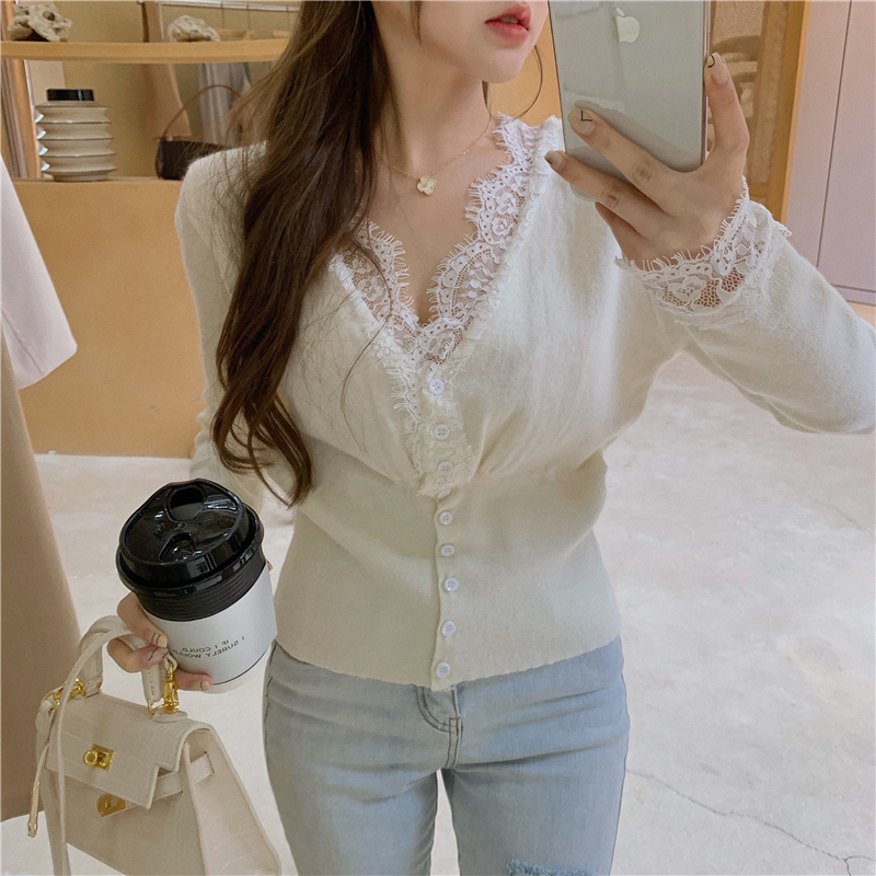 Real price eyelash lace stitching slim V-neck gentle elder sister jacket