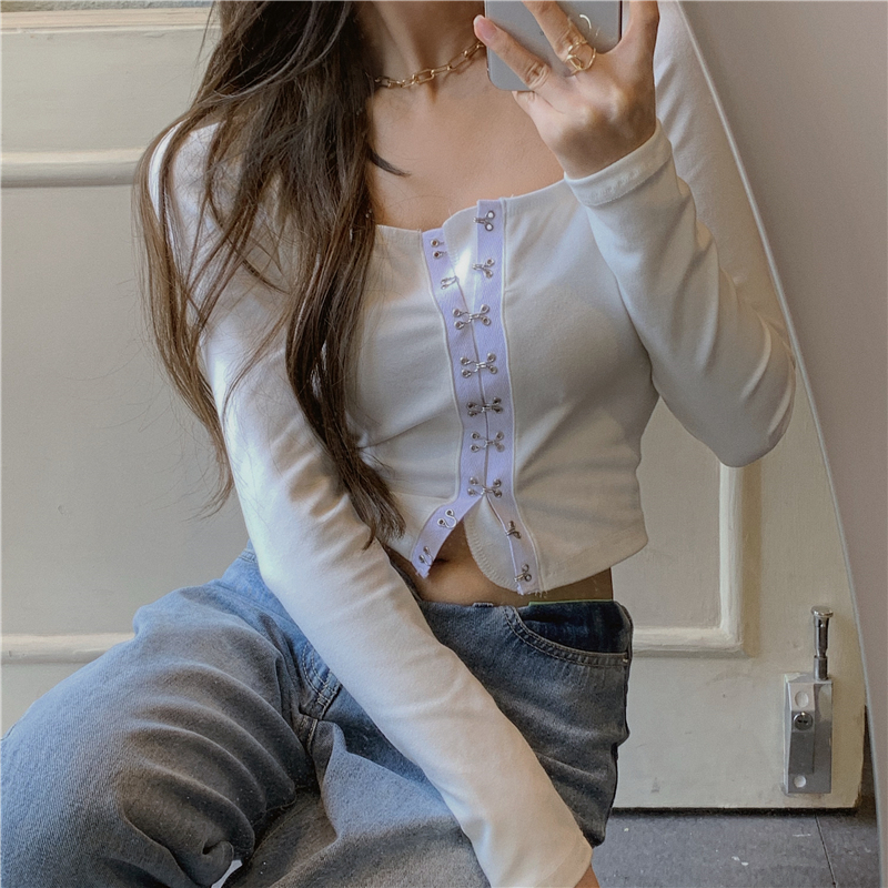 Real price square collar temperament long sleeve bottomed t-girl