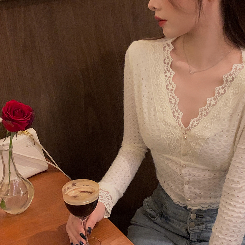 Real price lace V-neck slim short with foreign style shirt