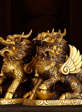 麒麟摆件全铜大号公母一对祥瑞麒麟家用办公室桌面装饰品飞天麒麟