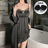 睡裙 性感修身 薄款 性感露背蕾丝吊带自带胸垫纯欲丝滑家居服套装