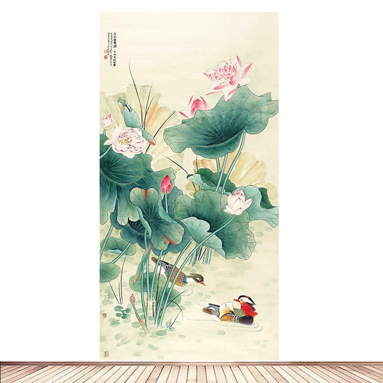 国画荷花莲叶莲花鸳鸯风水招财海报客厅房间玄关背景墙贴画墙画3