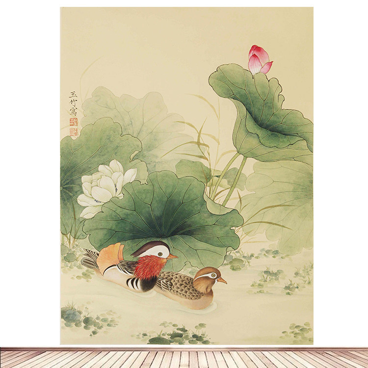 国画荷花莲叶莲花鸳鸯风水招财海报客厅房间玄关背景墙贴画墙画2