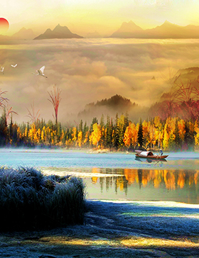 遍地黄金黄色枫叶发财树自然风景画田园风光海报制作装饰贴画4780