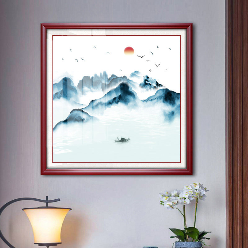 黑白山水风景挂画新中式镇宅装饰画简约客厅餐厅玄关走廊过道壁画